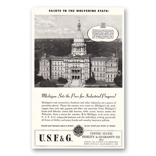 1946 USF&G Michigan Capital Lansing Vintage Magazine Print Ad