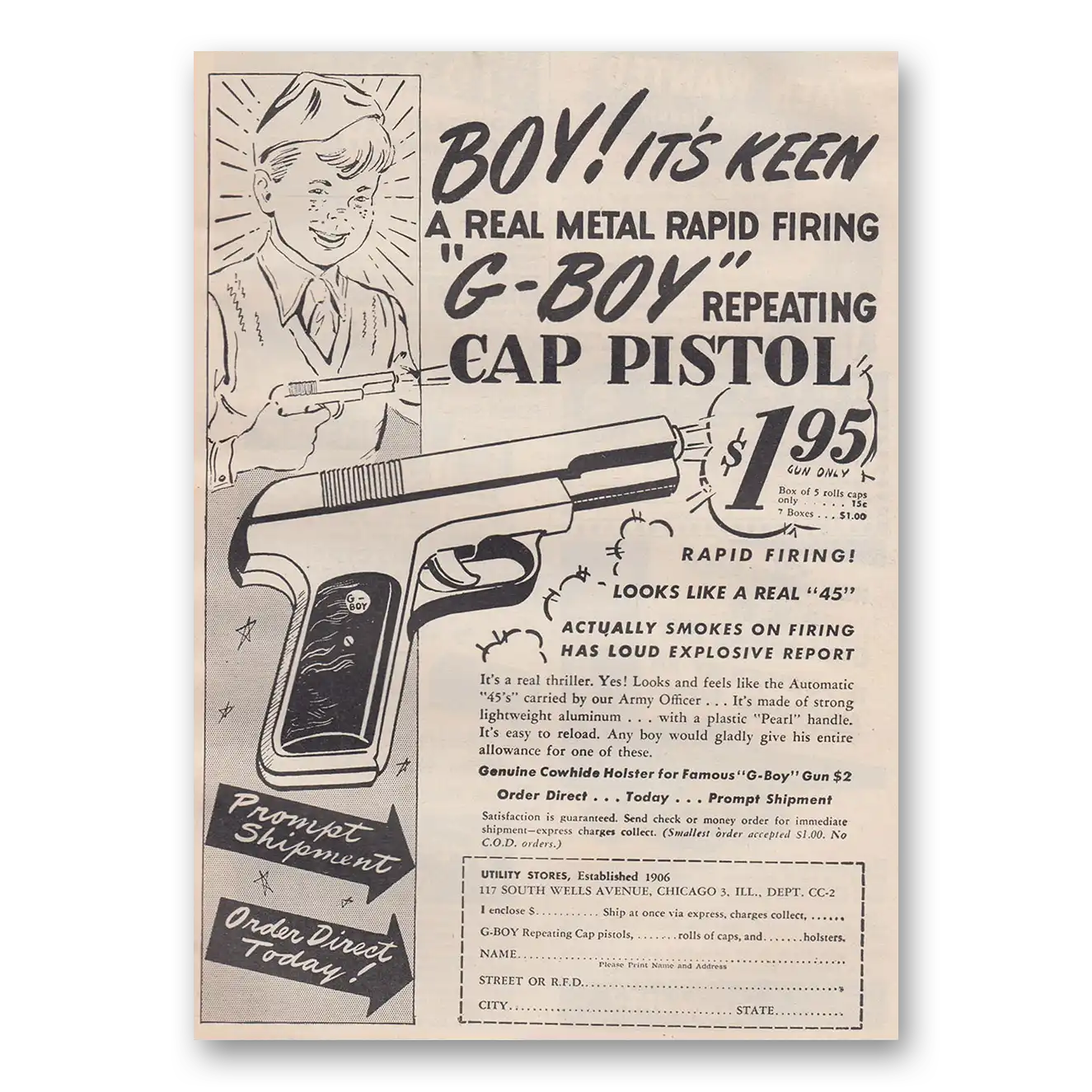 1946 G Boy Repeating Cap Pistol Boys Its Keen Vintage Magazine Print Ad