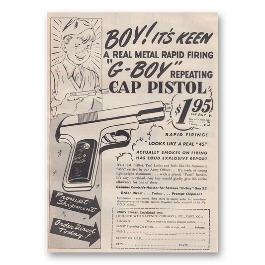 1946 G Boy Repeating Cap Pistol Boys Its Keen Vintage Magazine Print Ad