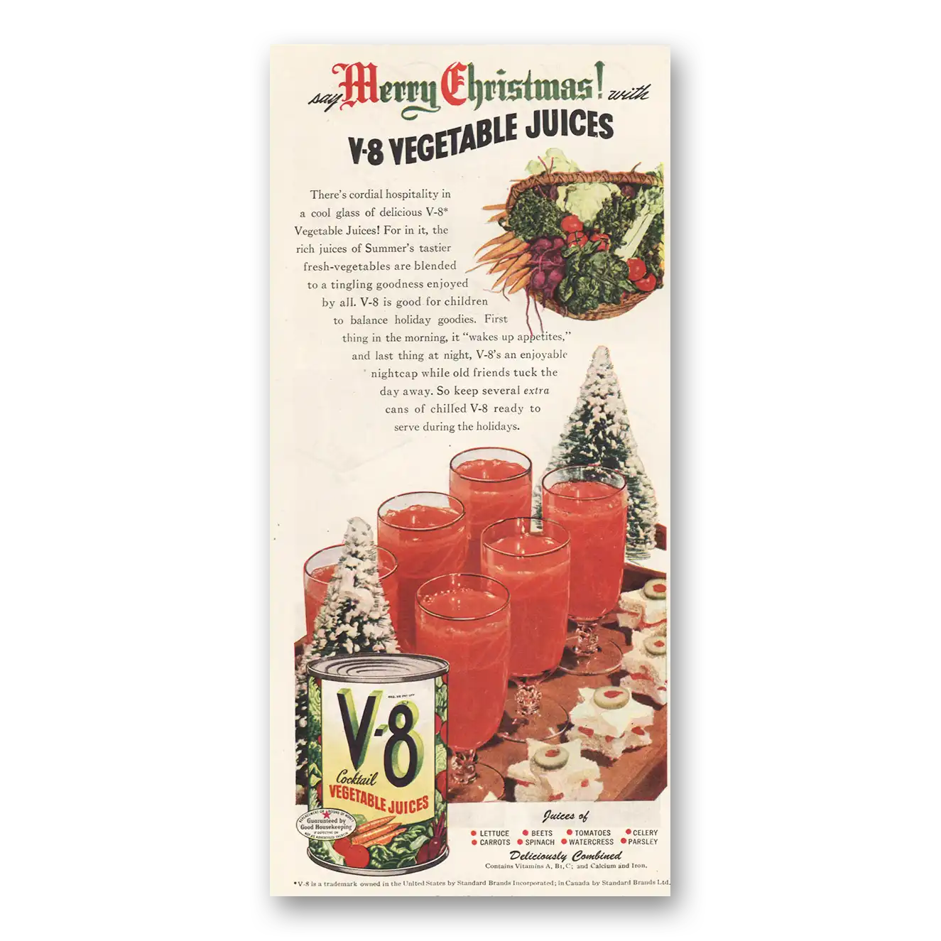 1946 V8 Vegetable Juice Say Merry Christmas Vintage Magazine Print Ad