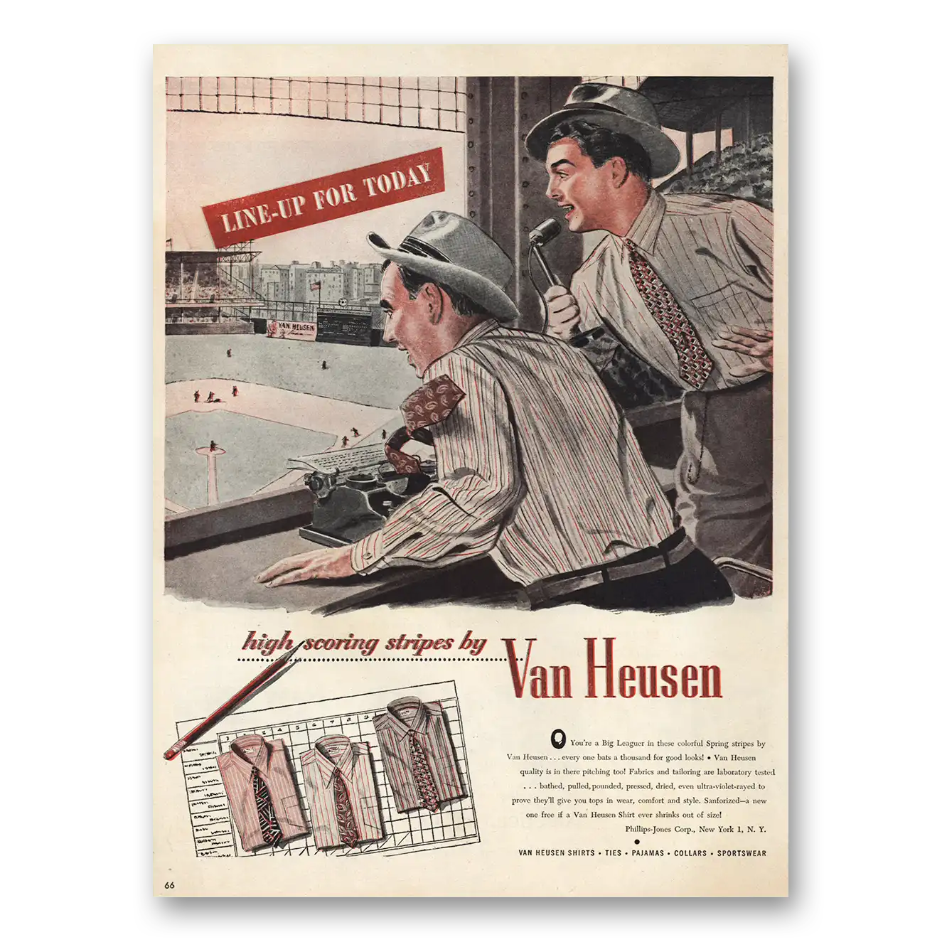 1946 Van Heusen Shirts Baseball Lineup High Scoring Stripes Vintage Magazine Print Ad