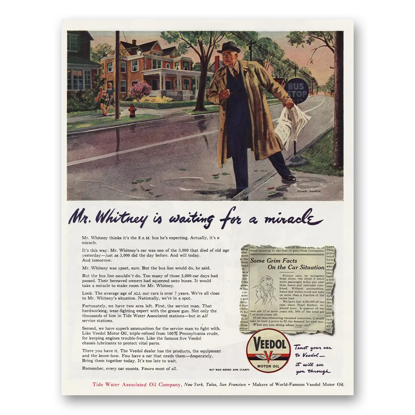 1946 Veedol Motor Oil Mr Whitney Is Waiting for a Miracle Vintage Magazine Print Ad