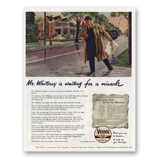 1946 Veedol Motor Oil Mr Whitney Is Waiting for a Miracle Vintage Magazine Print Ad