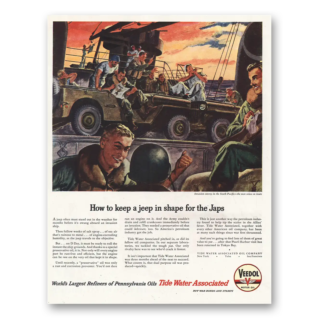 1946 Veedol Motor Oil Keep Jeep in Shape for the Japs Vintage Magazine Print Ad