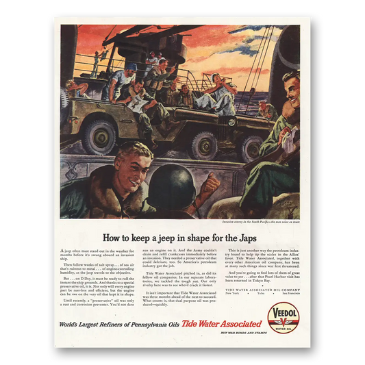 1946 Veedol Motor Oil Keep Jeep in Shape for the Japs Vintage Magazine Print Ad