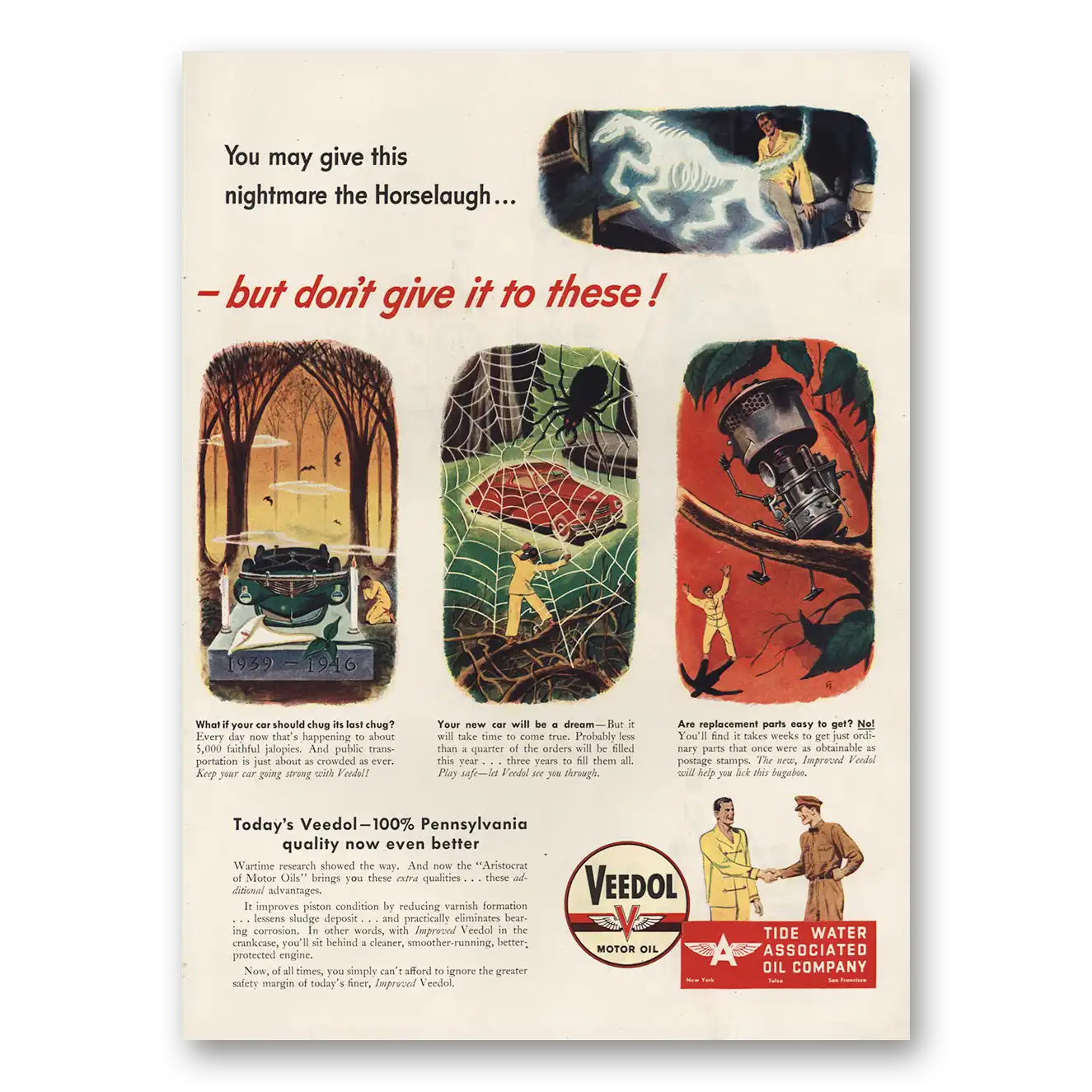 1946 Veedol Motor Oil May Give Nightmare the Horselaugh Vintage Magazine Print Ad