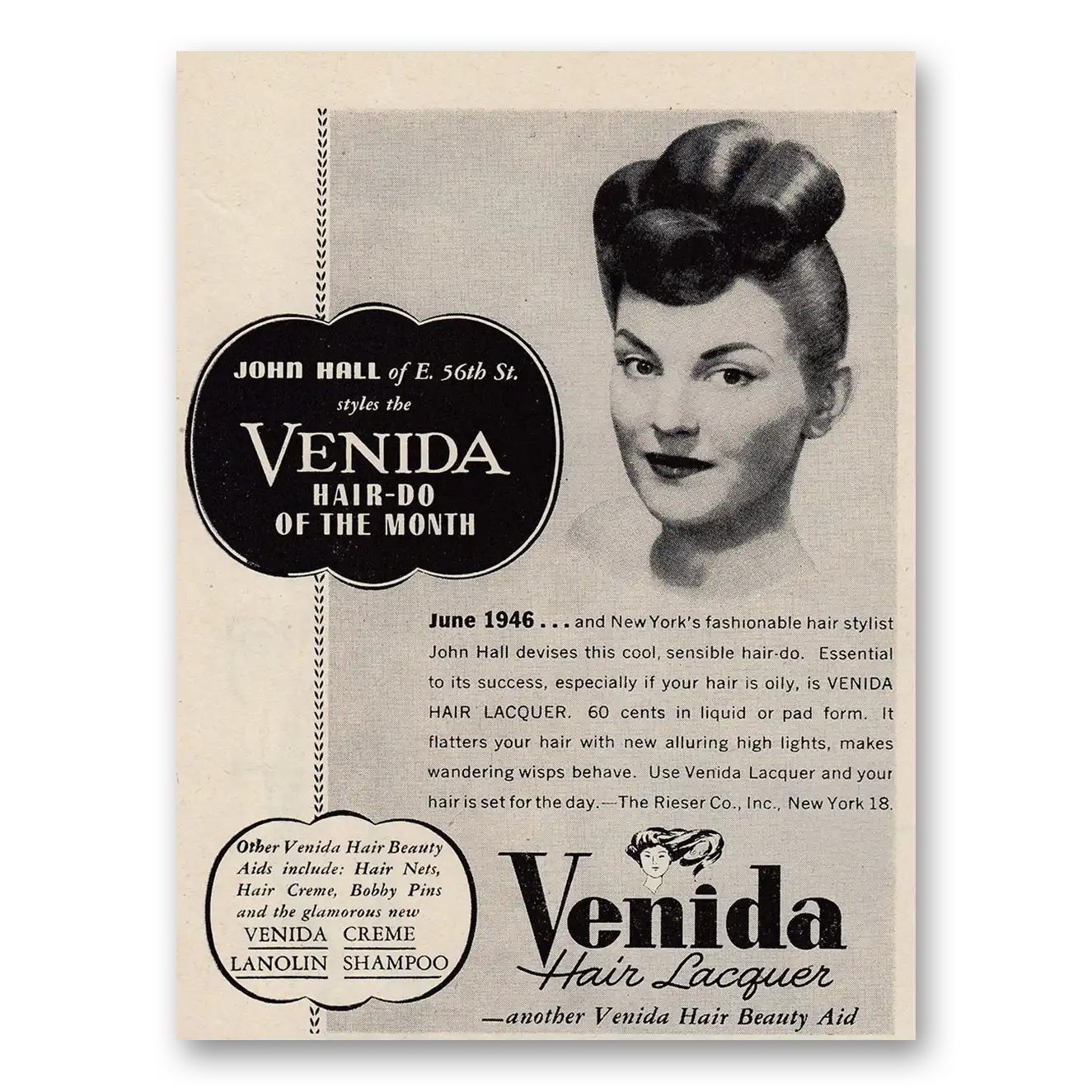 1946 Venida Hair Lacquer John Hall Hair Do of the Month Vintage Magazine Print Ad