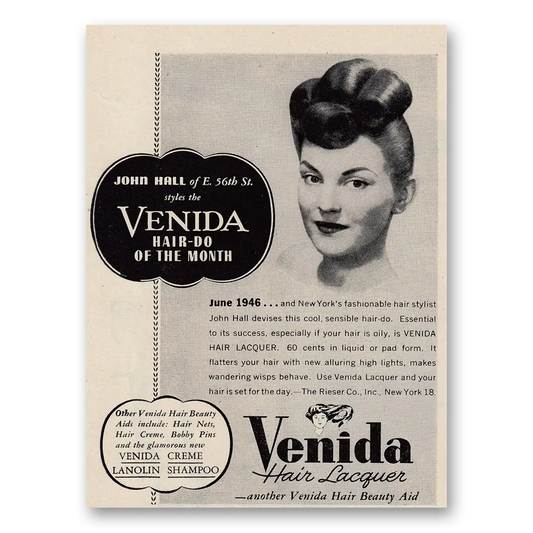 1946 Venida Hair Lacquer John Hall Hair Do of the Month Vintage Magazine Print Ad