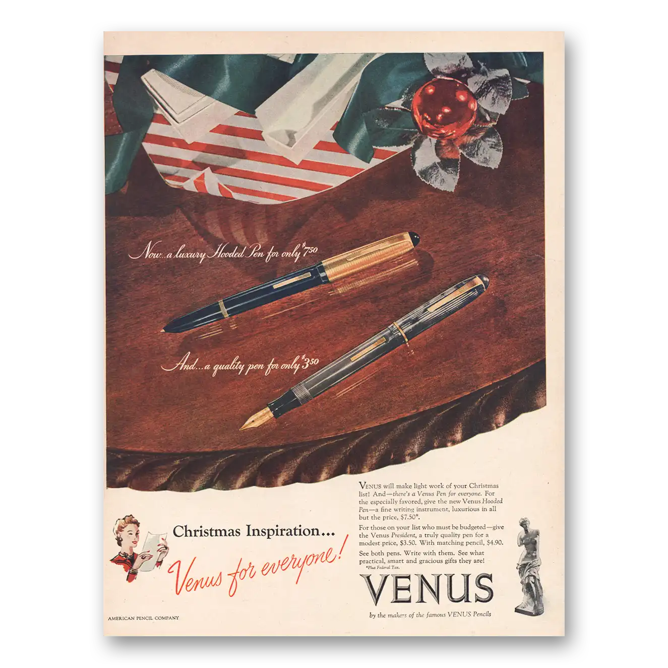 1946 Venus Pencils Christmas Inspiration Venus for Everyone Vintage Magazine Print Ad