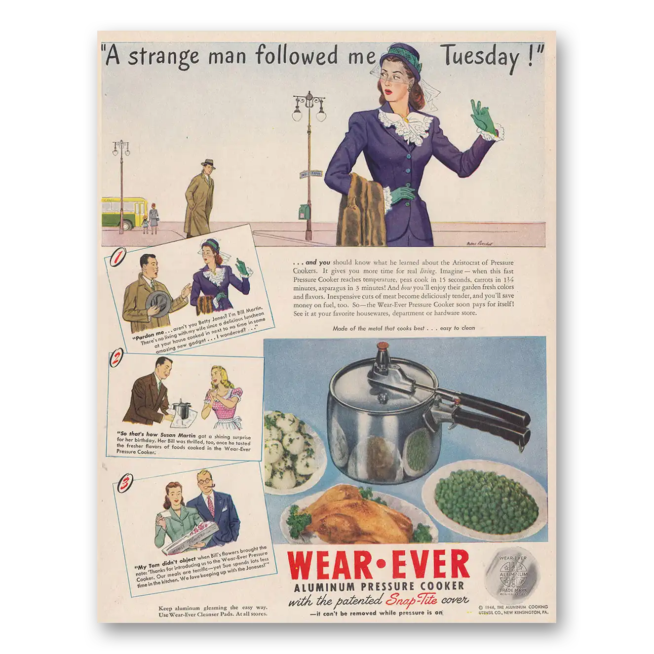 1946 Wear Ever Aluminum Strange Man Followed Me Tuesday Vintage Magazine Print Ad