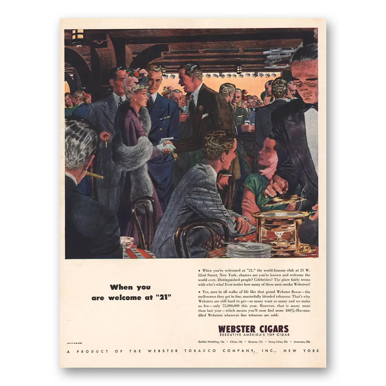 1946 Webster Cigars When You Are Welcome at 21 Vintage Magazine Print Ad