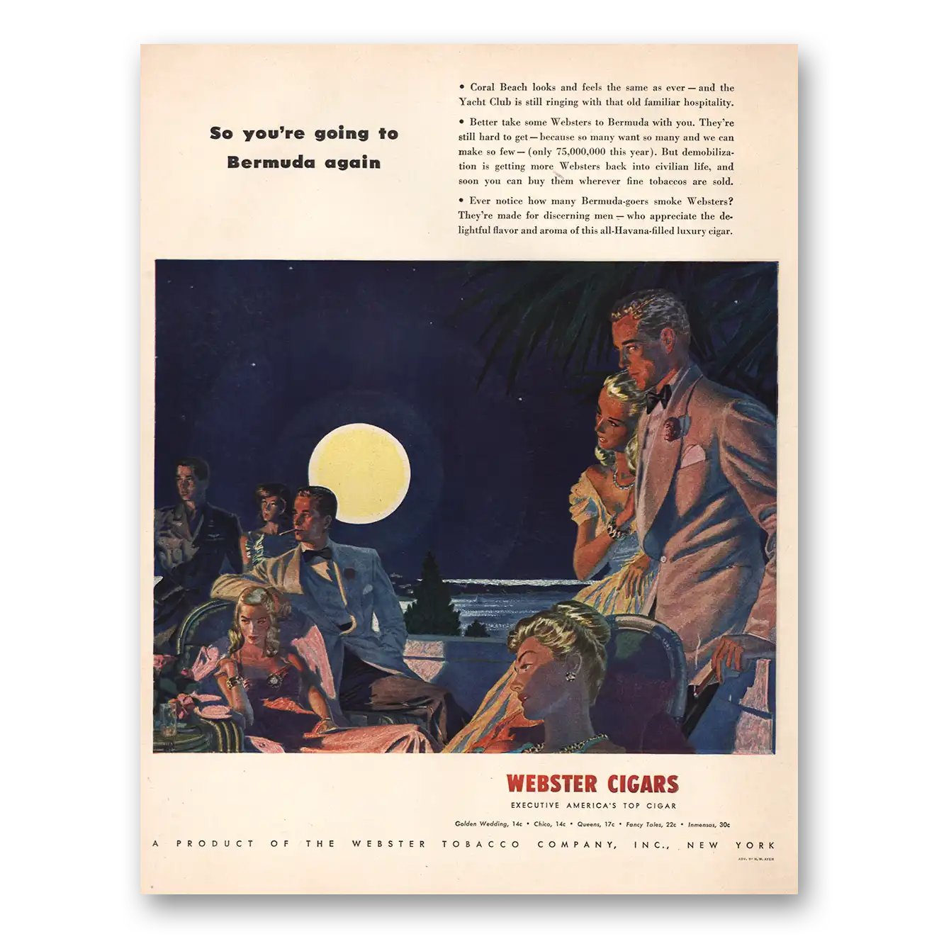 1946 Webster Cigars Going to Bermuda Again Vintage Magazine Print Ad