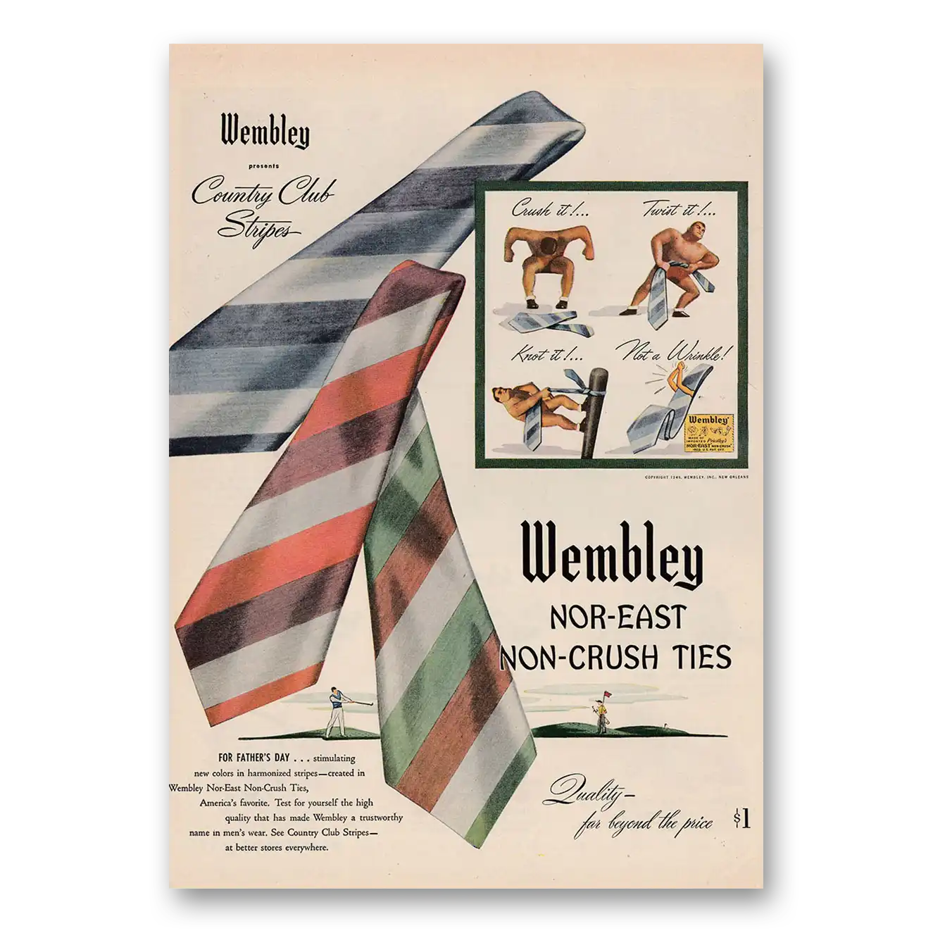 1946 Wembley Ties Country Club Stripes Vintage Magazine Print Ad