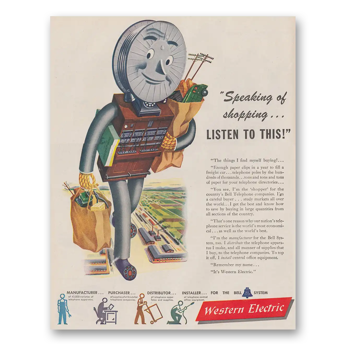 1946 Western Electric Speaking of Shopping Listen to This Vintage Magazine Print Ad