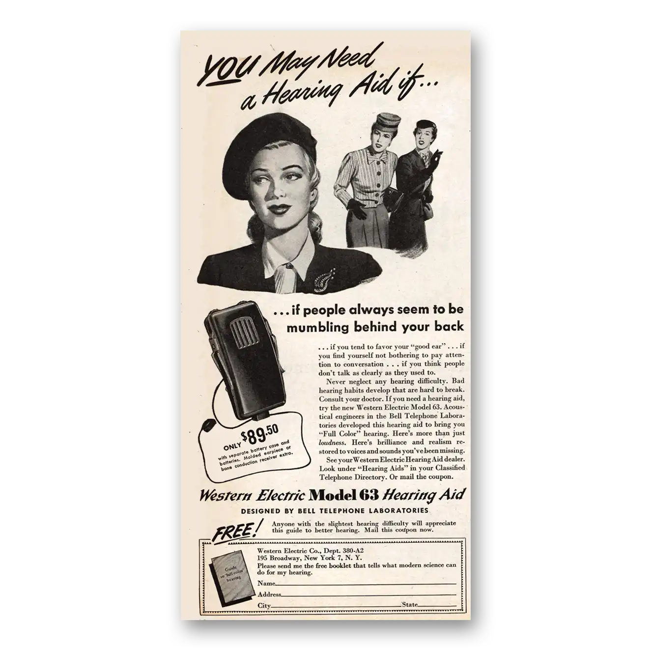 1946 Western Electric Hearing Aid You May Need a Hearing Aid If Vintage Magazine Print Ad