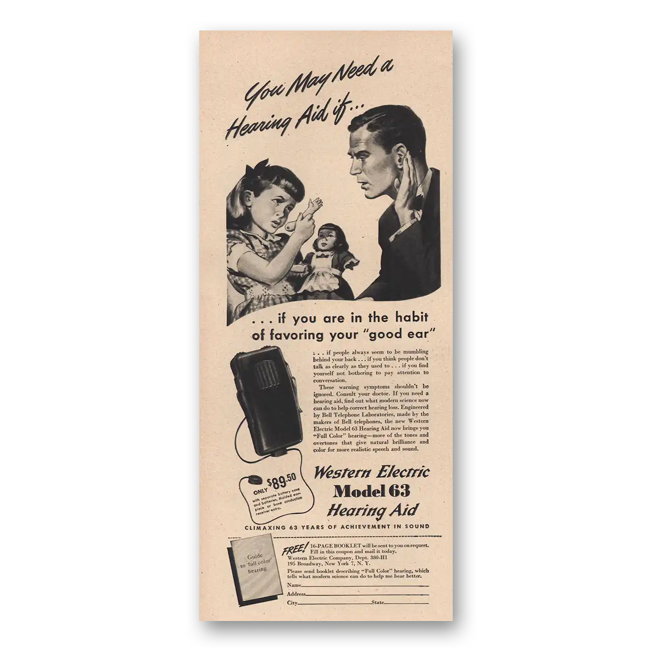 1946 Western Electric Hearing Aid Model 63 Favoring Your Good Ear Vintage Magazine Print Ad