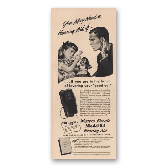 1946 Western Electric Hearing Aid Model 63 Favoring Your Good Ear Vintage Magazine Print Ad