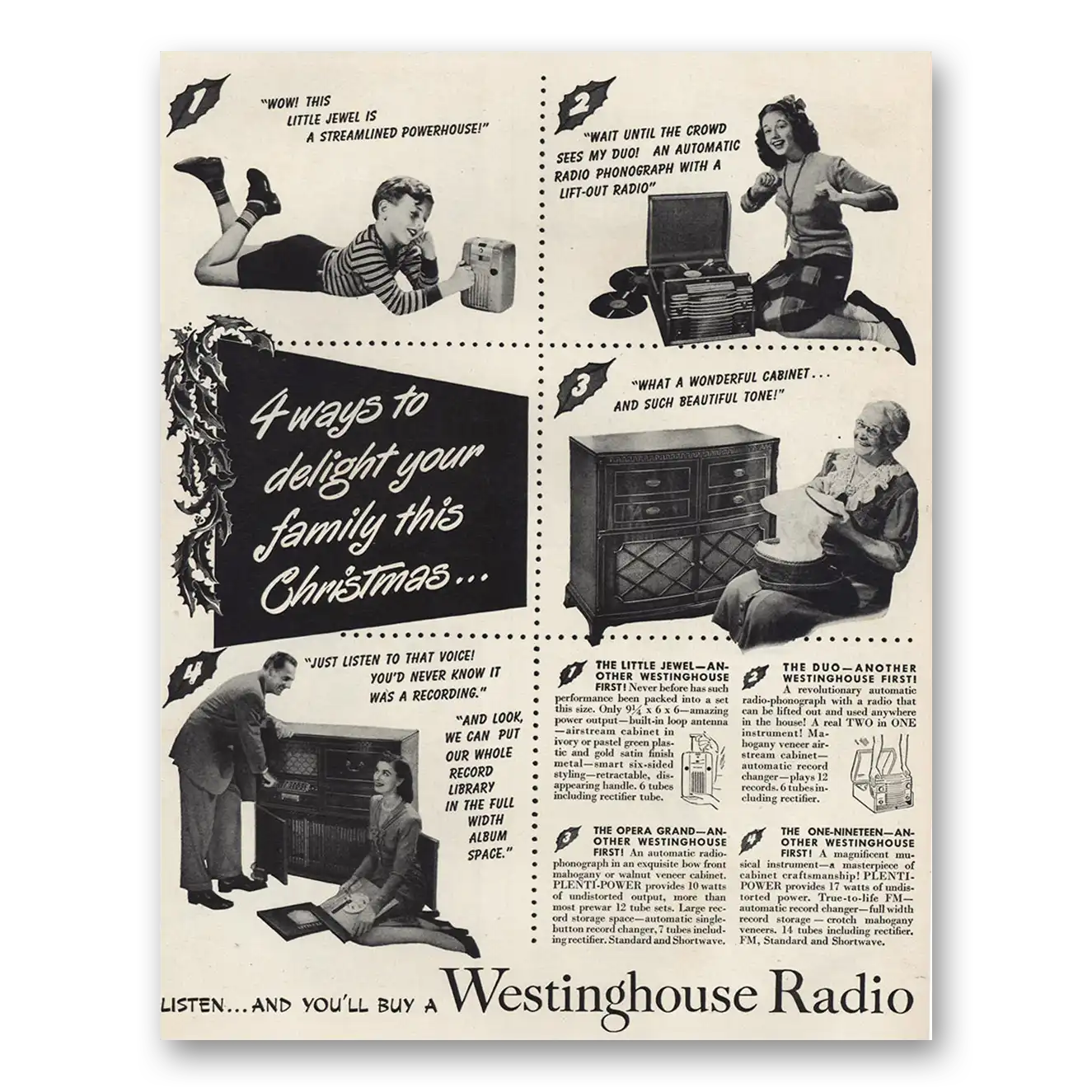 1946 Westinghouse Radio Delight Your Family Christmas Vintage Magazine Print Ad