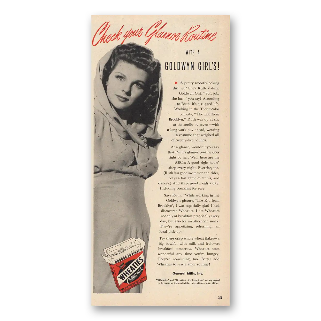 1946 Wheaties Cereal Goldwyn Girls Vintage Magazine Print Ad