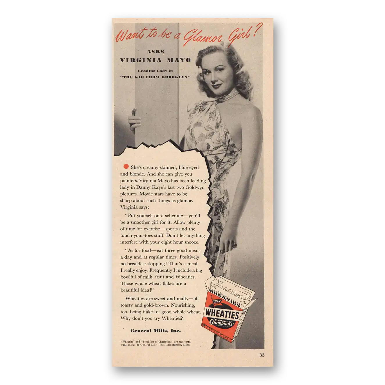 1946 Wheaties Cereal Glamor Girl Virginia Mayo Vintage Magazine Print Ad