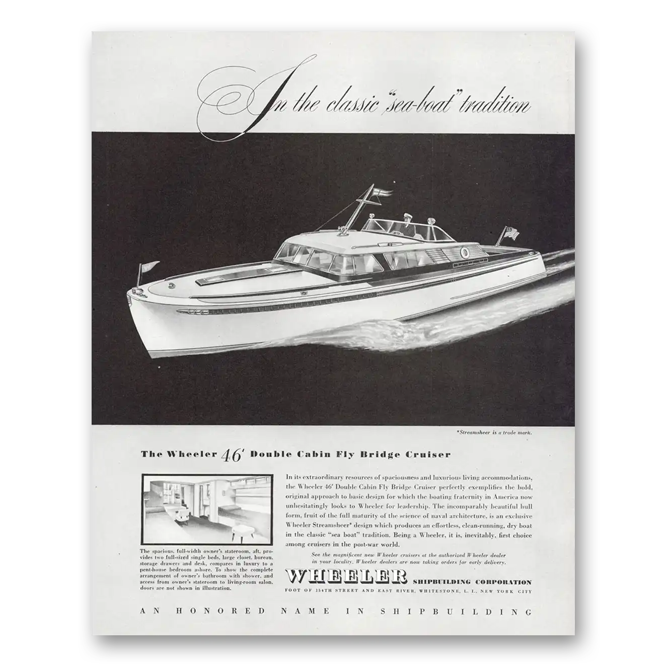 1946 Wheeler Shipbuilding Double Cabin Fly Bridge Cruiser Vintage Magazine Print Ad