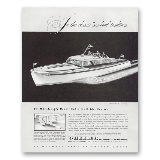 1946 Wheeler Shipbuilding Double Cabin Fly Bridge Cruiser Vintage Magazine Print Ad