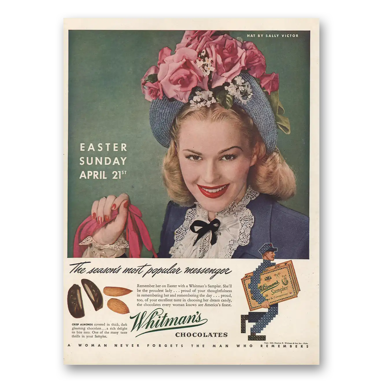 1946 Whitmans Chocolates Easter Sunday April 21st Vintage Magazine Print Ad