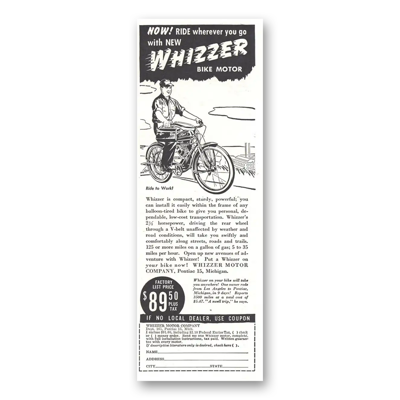 1946 Whizzer Bike Motor Bike Motor Ride Wherever You Go Vintage Magazine Print Ad