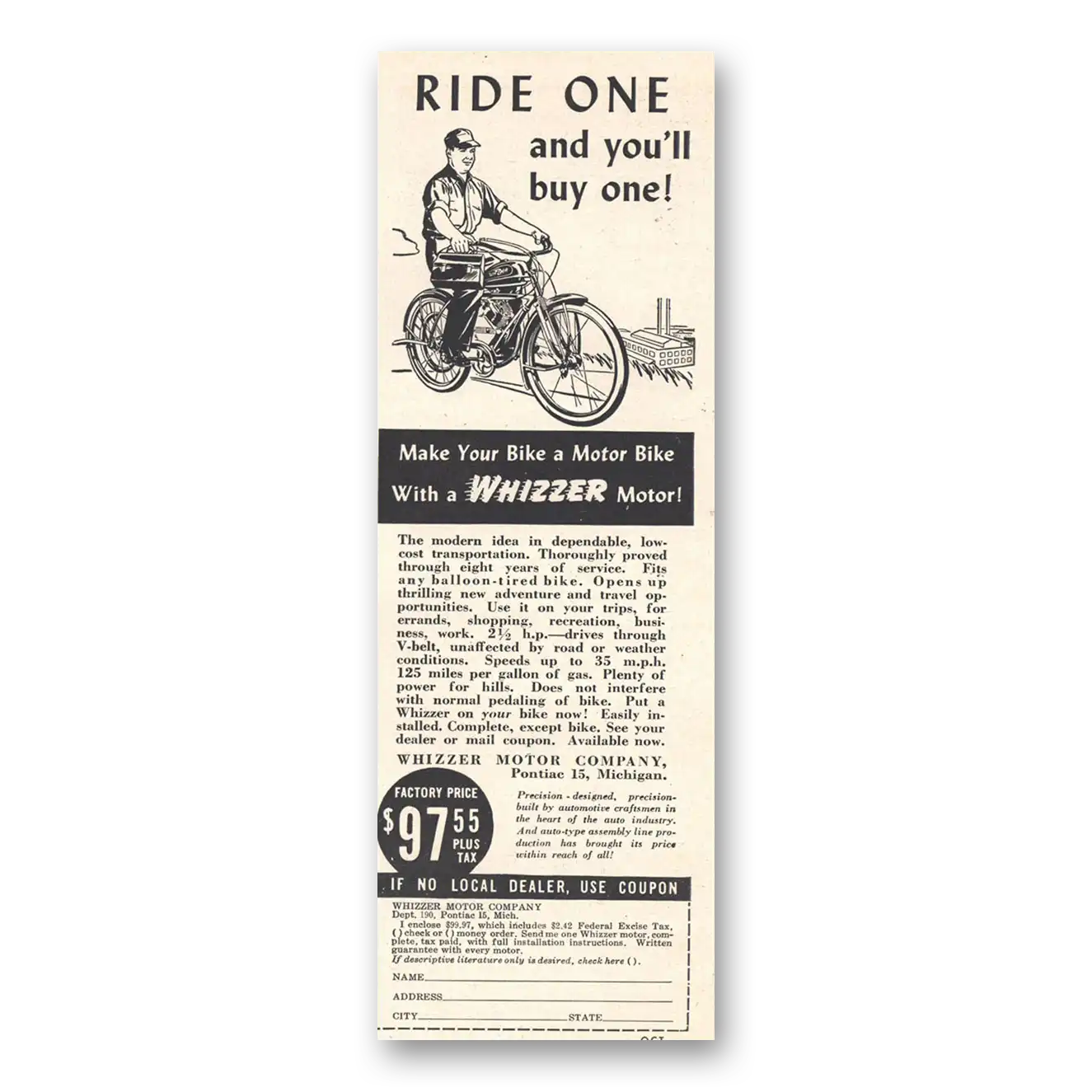 1946 Whizzer Bike Motor Ride One And Buy One Vintage Magazine Print Ad