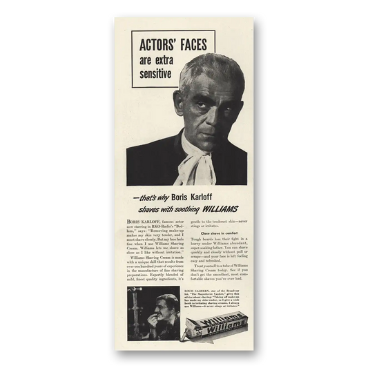 1946 Williams Shaving Cream Boris Karloff Vintage Magazine Print Ad