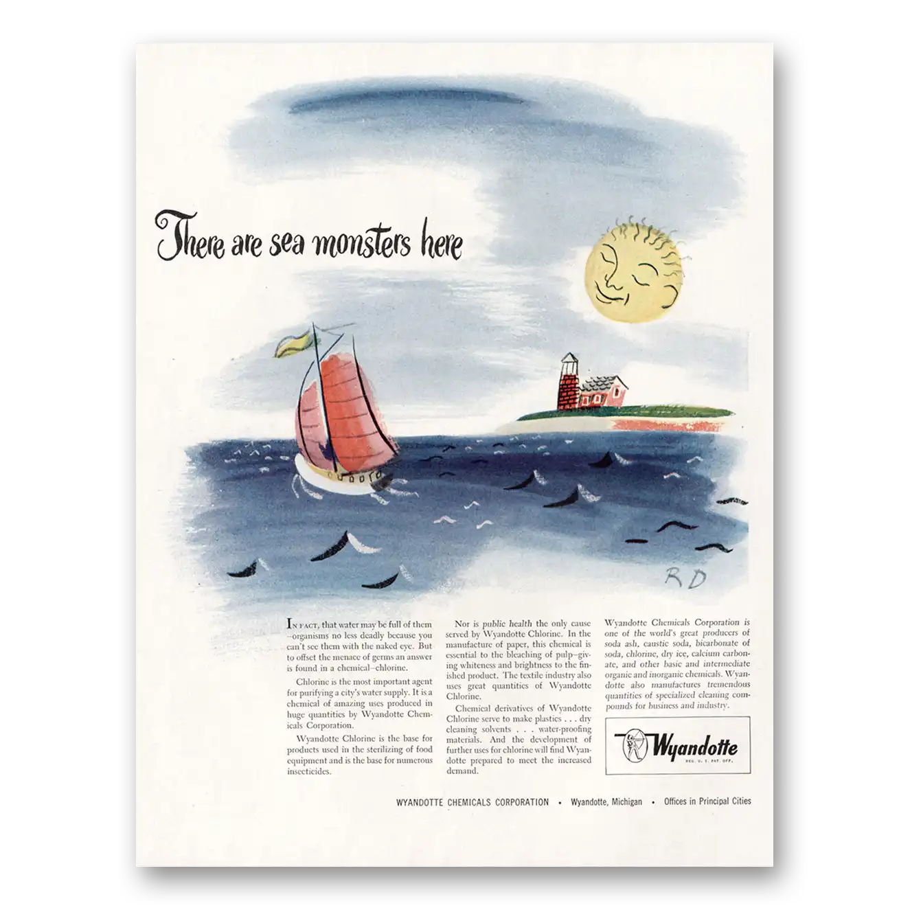 1946 Wyandotte Chemicals There Are Sea Monsters Here Vintage Magazine Print Ad