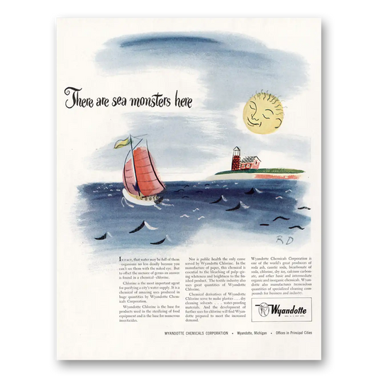 1946 Wyandotte Chemicals There Are Sea Monsters Here Vintage Magazine Print Ad