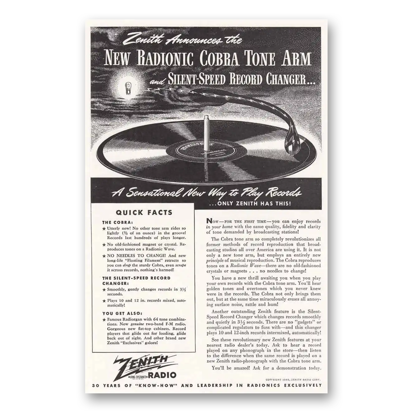 1946 Zenith Radio New Radionic Cobra Tone Arm Silent Speed Vintage Magazine Print Ad