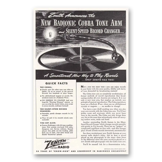 1946 Zenith Radio New Radionic Cobra Tone Arm Silent Speed Vintage Magazine Print Ad