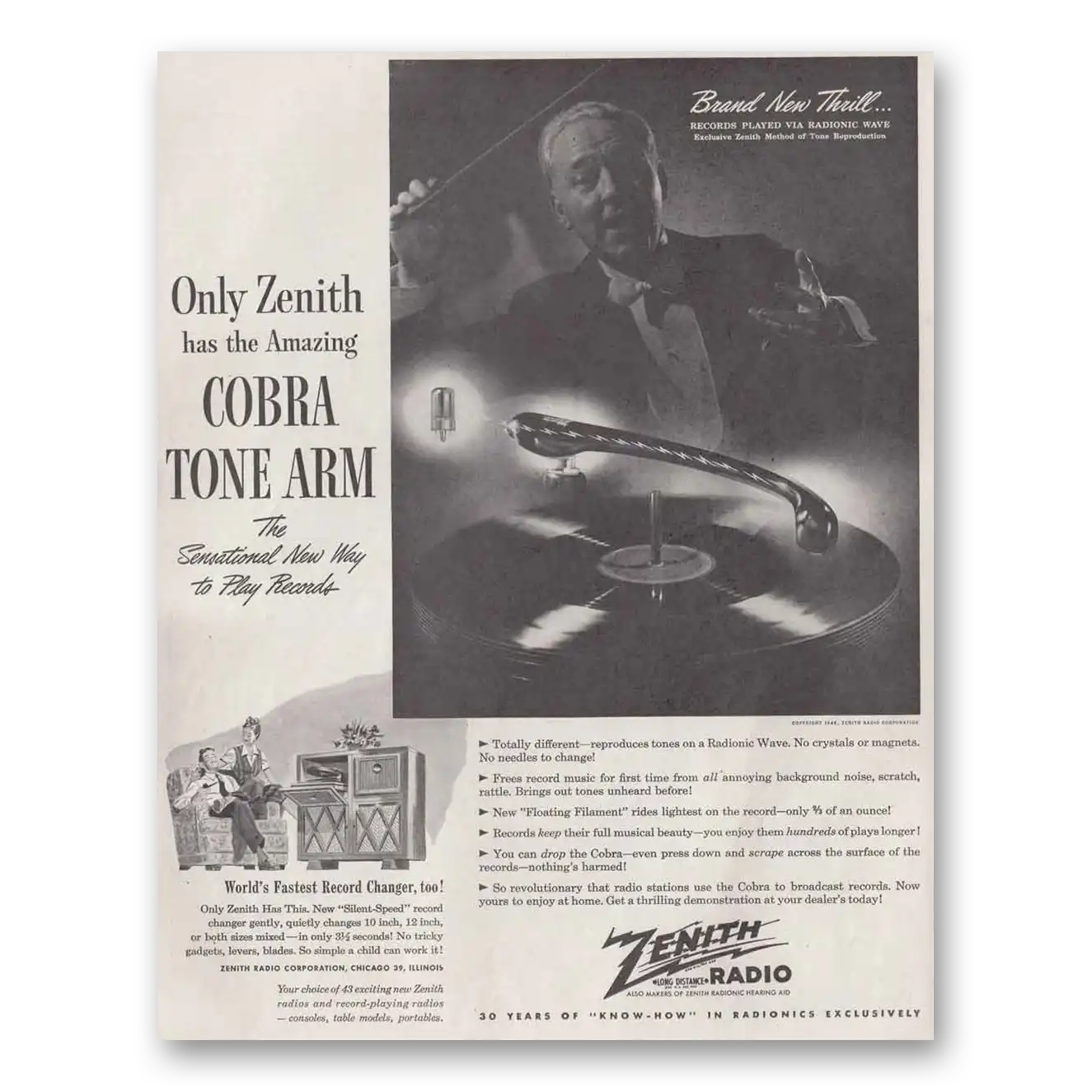 1946 Zenith Radio Cobra Tone Arm Fastest Record Changer Vintage Magazine Print Ad