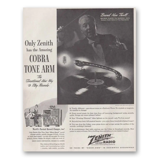 1946 Zenith Radio Cobra Tone Arm Fastest Record Changer Vintage Magazine Print Ad