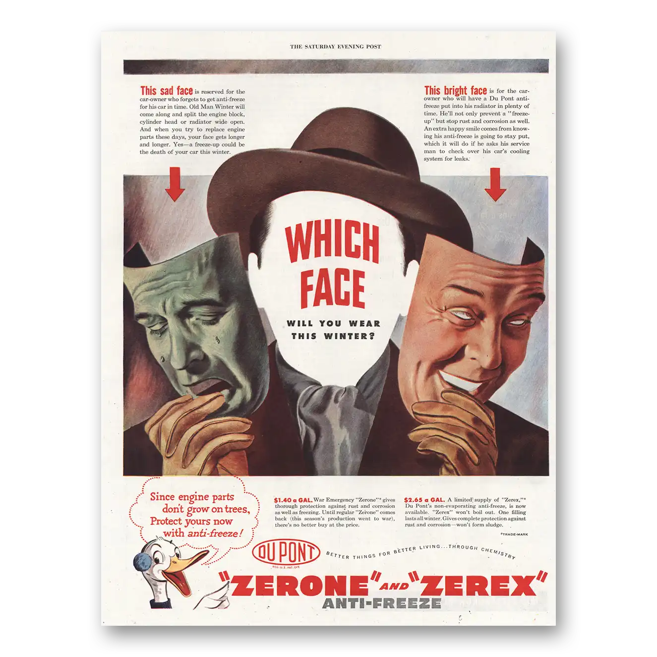 1946 Zerone Zerex Anti Freeze Which Face Will You Wear Vintage Magazine Print Ad