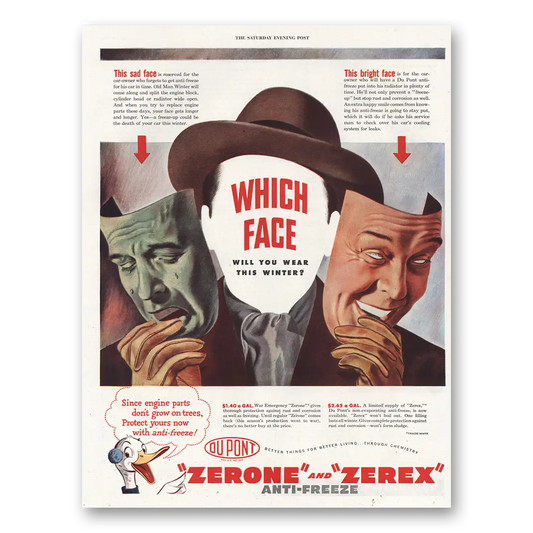 1946 Zerone Zerex Anti Freeze Which Face Will You Wear Vintage Magazine Print Ad