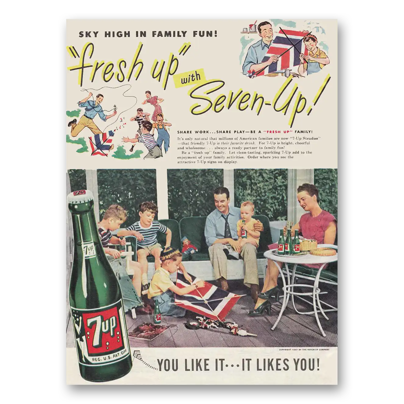 1947 7Up Fresh Up Sky High in Family Fun Vintage Magazine Print Ad