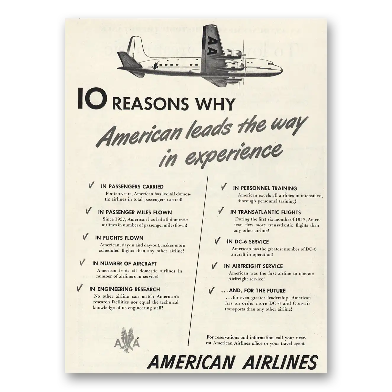 1947 American Airlines 10 Reasons Why Vintage Magazine Print Ad