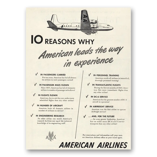 1947 American Airlines 10 Reasons Why Vintage Magazine Print Ad