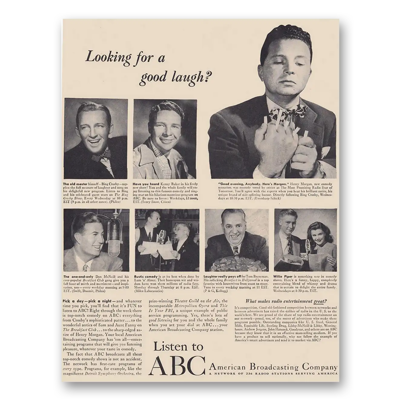 1947 ABC American Broadcasting Looking for a Good Laugh Bing Crosby Vintage Magazine Print Ad