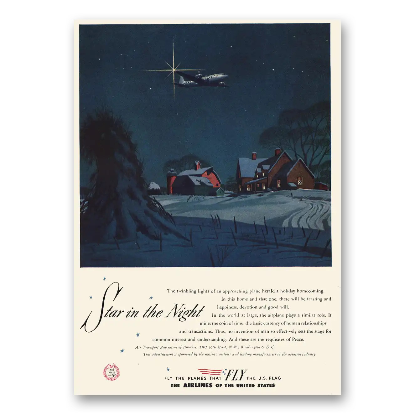 1947 Airlines of the United States Star in the Night Vintage Magazine Print Ad