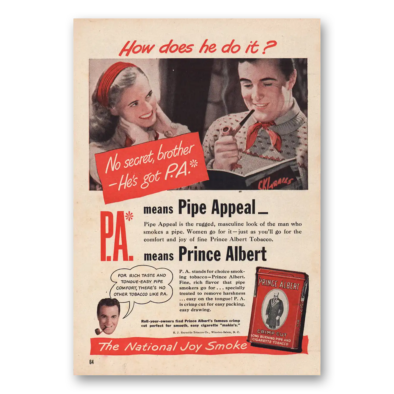 1947 Prince Albert Tobacco No Secret Brother Vintage Magazine Print Ad