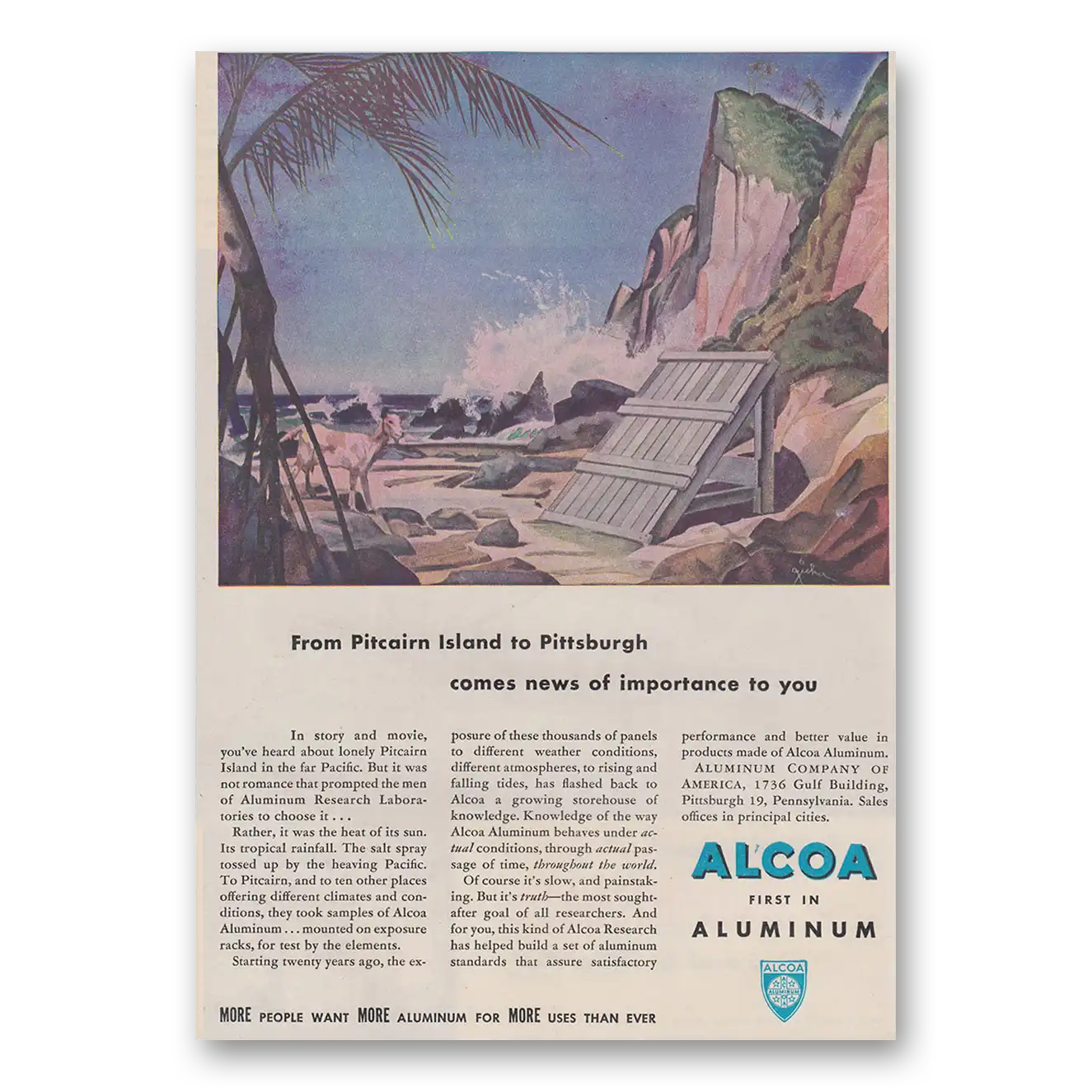 1947 Alcoa From Pitcairn Island to Pittsburgh Vintage Magazine Print Ad