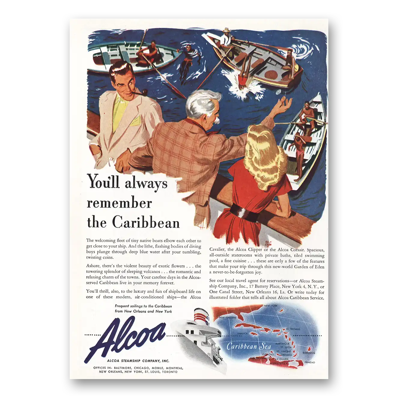 1947 Alcoa Steamship Always Remember Caribbean Vintage Magazine Print Ad