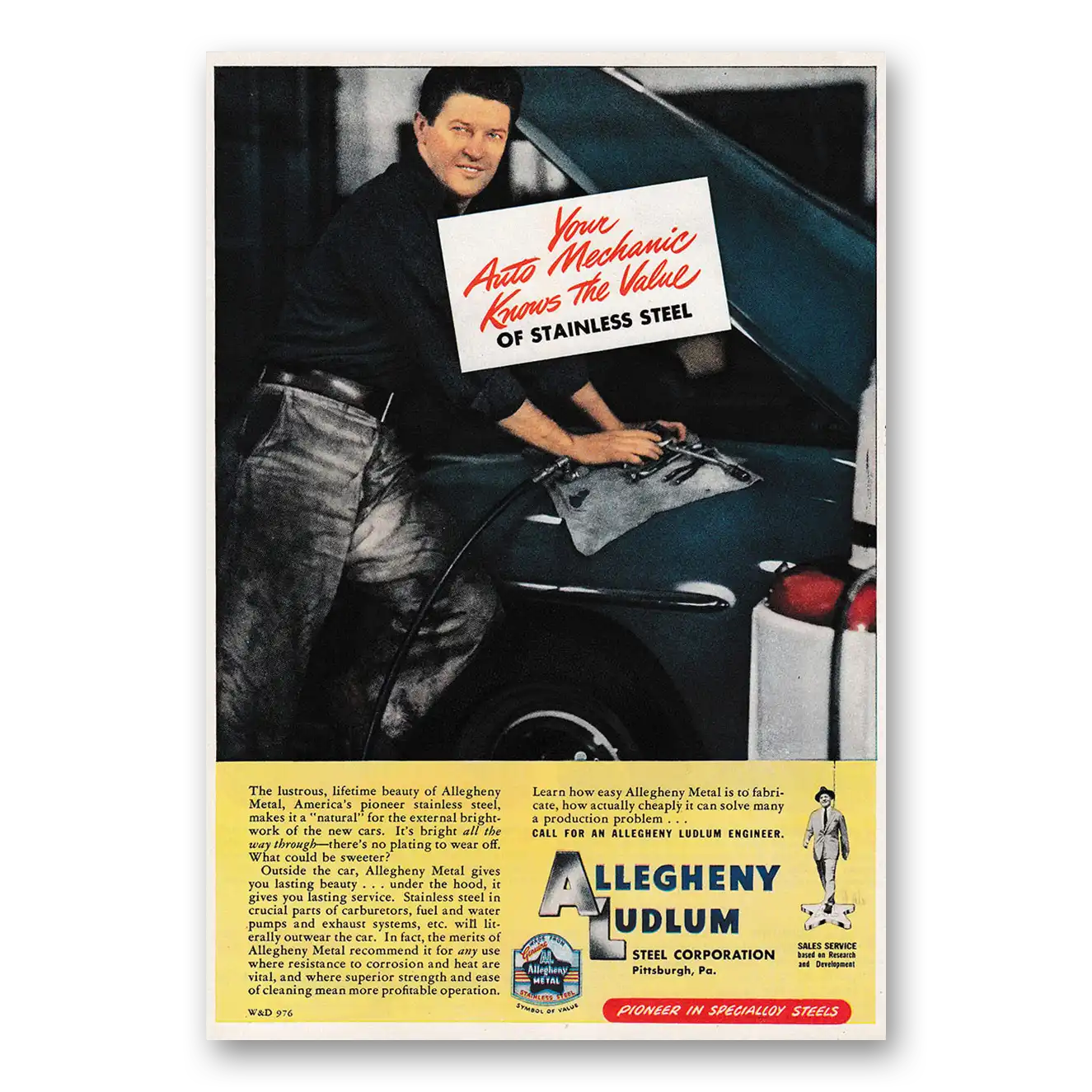 1947 Allegheny Ludlum Auto Mechanic Knows the Value Vintage Magazine Print Ad