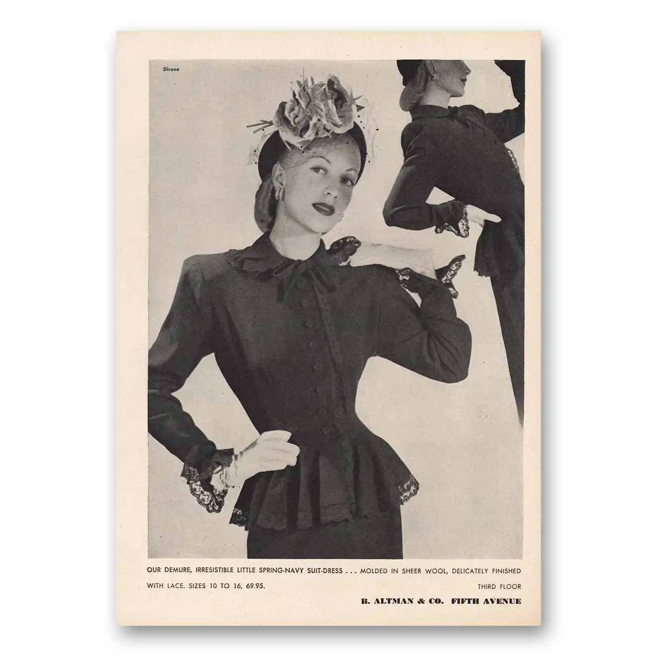 1947 B Altman Irresistible Little Spring Navy Suit Dress Vintage Magazine Print Ad