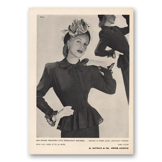 1947 B Altman Irresistible Little Spring Navy Suit Dress Vintage Magazine Print Ad