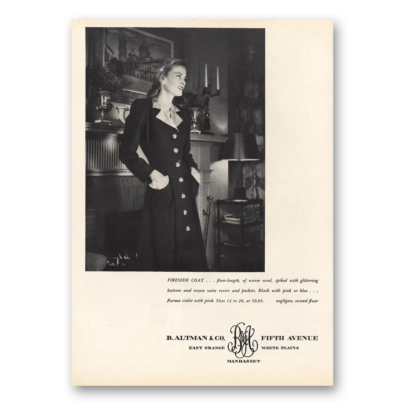 1947 B Altman Fireside Coat Vintage Magazine Print Ad